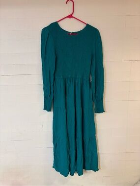 Zesica Teal Smocked Long Sleeve Tiered Midi Dress Size M